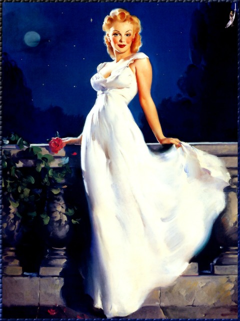 "Dream Girl" pin-up girl art from 1945, a beautiful young blonde woman in a long white evening gown leans against a low stone balcony rail at night.