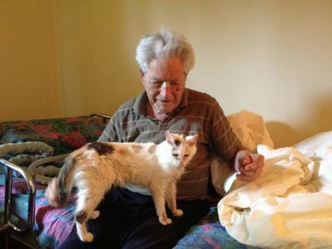 Hubert P. Yockey with an elderly calico cat named Cleo.